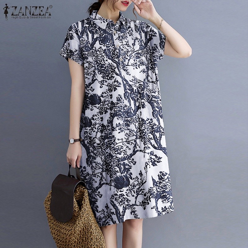 Zanzea ชุดเดรสสั้นสําหรับสตรีแขนสั้นพิมพ์ลายดอกไม้วินเทจทรงหลวม