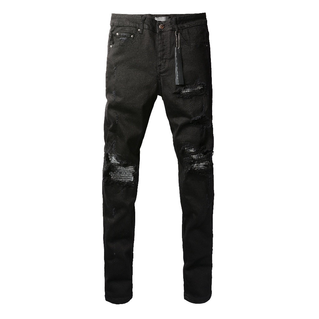 Amiri High Street Fashion Man Jeans กางเกงยีนส์สีดำยืดสลิมฟิตสีขาวปุ่มลูกปัดออกแบบกางเกงยีนส์ไนต์คล