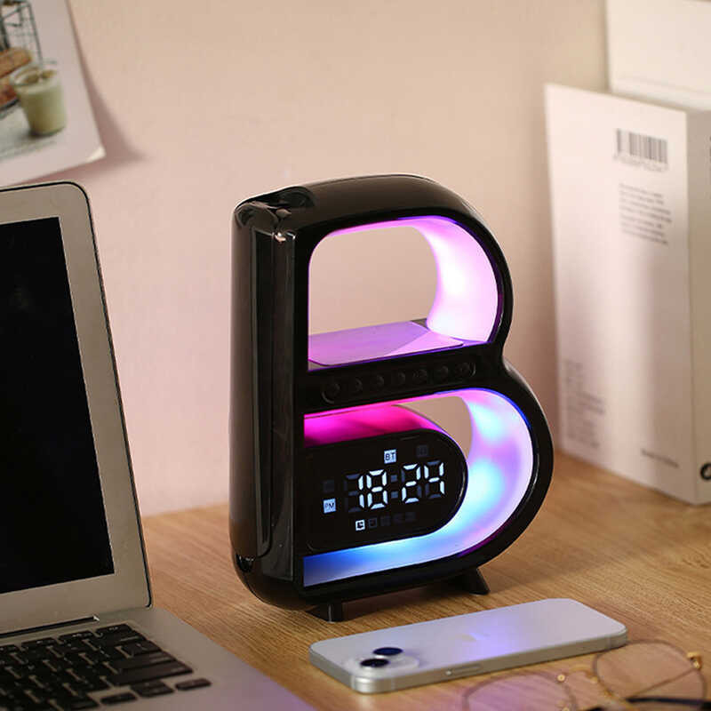 ♥ SFREE Shipping Cool Personalized Big B Shaped Speaker Foldable Desk Lamp Alarm Clock Wireless Ch