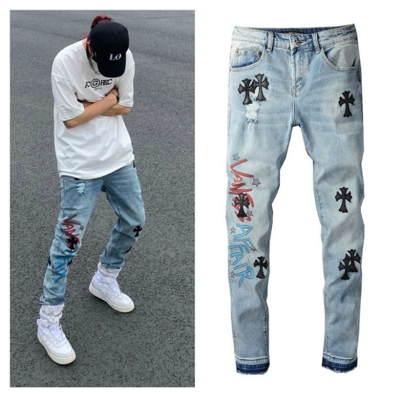 PROMO  พร้อมส่ง CHROME HEARTS Light Blue slim small jeans