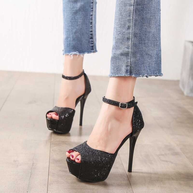 Metal ➧ Trendy Sequin Banquet Stiletto Platform Buckle Sandals For Women