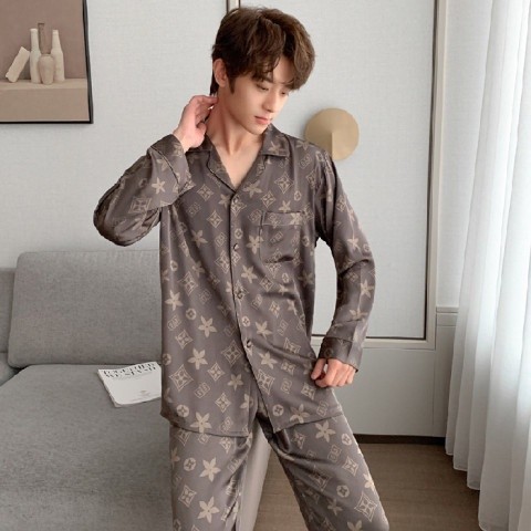 ชุดนอนผู้ชาย ชุดนอนชาย กางเกงนอนผู้ชาย Animal Pattern Silk Long Sleeve Pajama Terno Men Cardigan Sa
