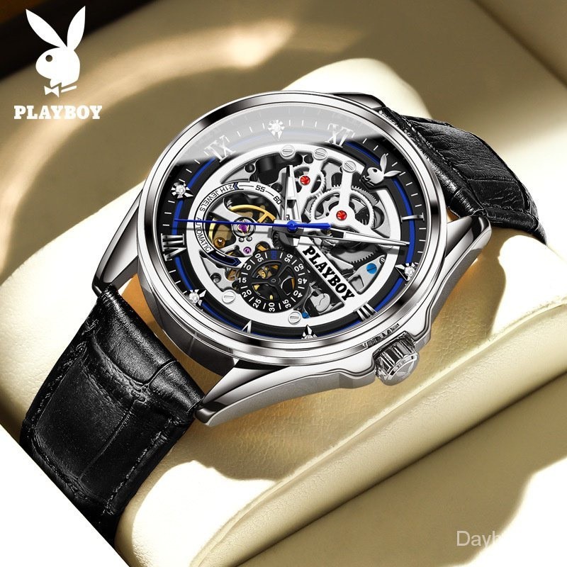 Playboy Watch (ของแท้ เคาน์เตอร์ + กล่องของขวัญ) 3032 นาฬิกากลไกอัตโนมัติ มุมมองกลวง ลําลอง เรืองแส