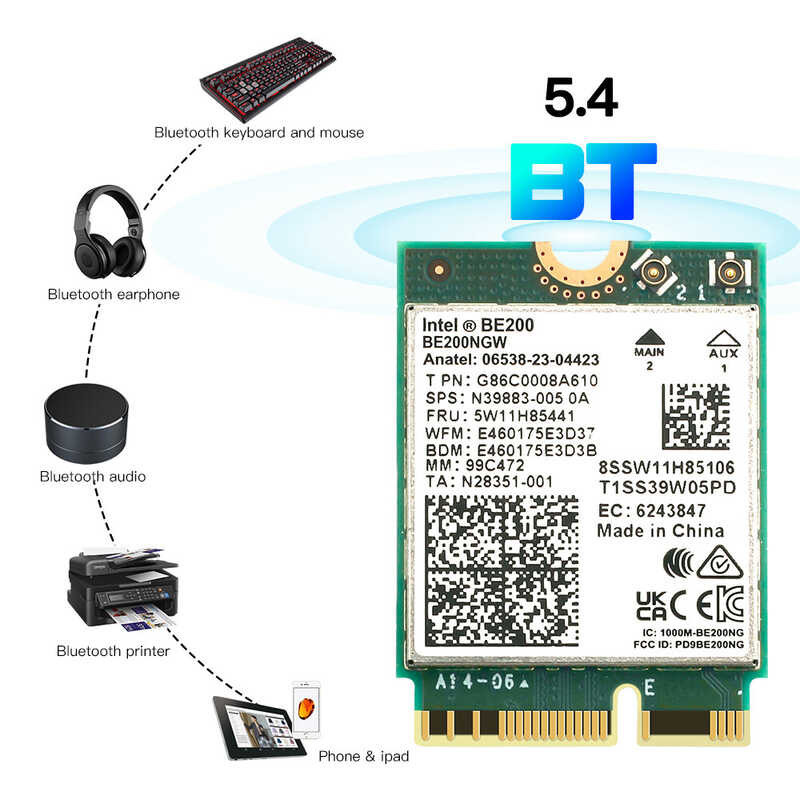 ❤ Intel Be200 WIFI 7 Wireless Wifi Card Wifi 6E Be200ngw Bluetooth 5.4 802.11Ax Tri-Band M.2 NGFF