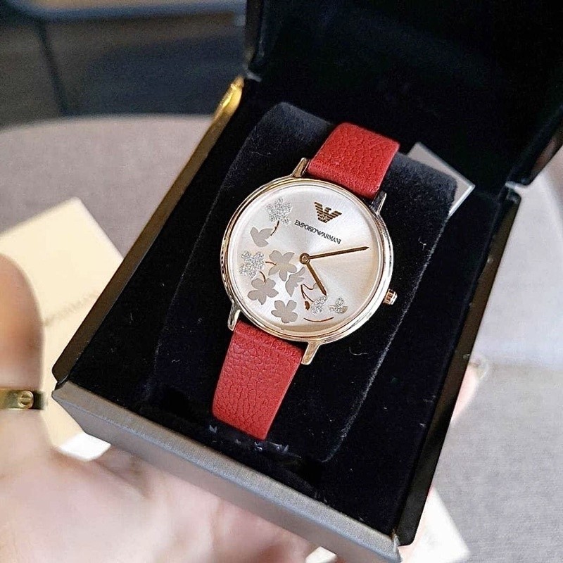 ♞ผ่อน0%แท้100% นาฬิกาข้อมือสีแดง  EMPORIO ARMANI Women's Year-Round Pink IP Red Leather Watch AR111