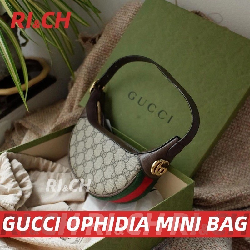 ♞,♘#Rich Gucci ราคาถูกที่สุดใน Shopee แท้Gucci Ophidia Mini Bag GG Supreme canvas/ถุงพระจันทร์เสี้ย