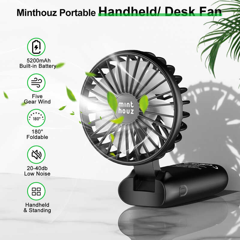 Portable Handheld Minthouz Fan, Versatile Cooling Mini Desk Fan with Max 26Hrs Battery Life and 5-S