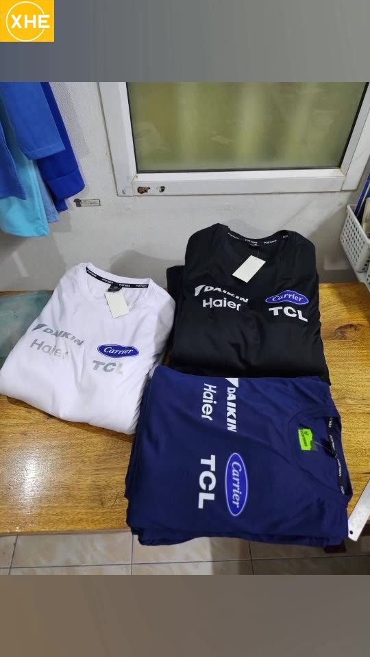 เสื้อช่างแอร์ โลโก้แบรนด์แอร์ ผ้าไมโครโพลิเอสเตอร์ คอกลม แขนสั้น เนื้อผ้าใส่สบาย