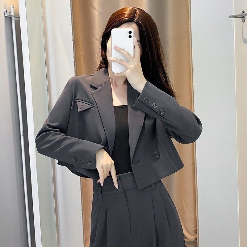 เสื้อเบลเซอร์แขนยาว แบบบาง ตัวสั้น สีเทา แฟชั่นสไตล์เกาหลี สําหรับผู้หญิง