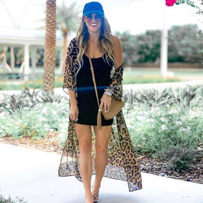 Kimono ➧ Chiffon Leopard Printed Cape Swimsuit Tunic Summer Wear Long Cardigan Beach Sunscreen Coat