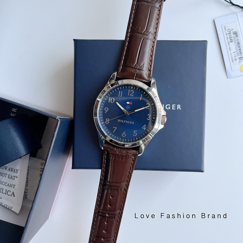 ♞,♘ผ่อน0%~แท้100% นาฬิกาข้อมือ Tommy Hilfiger Analog Blue Dial Brown Leather Band Men`s Watch 17914