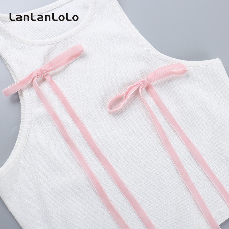 bananashop  ♞,♘Lanlanlolo เสื้อกล้ามครอปลําลอง โชว์หลัง โชว์สะดือ ประดับโบว์ สีตัดกัน เรียบง่าย เข้