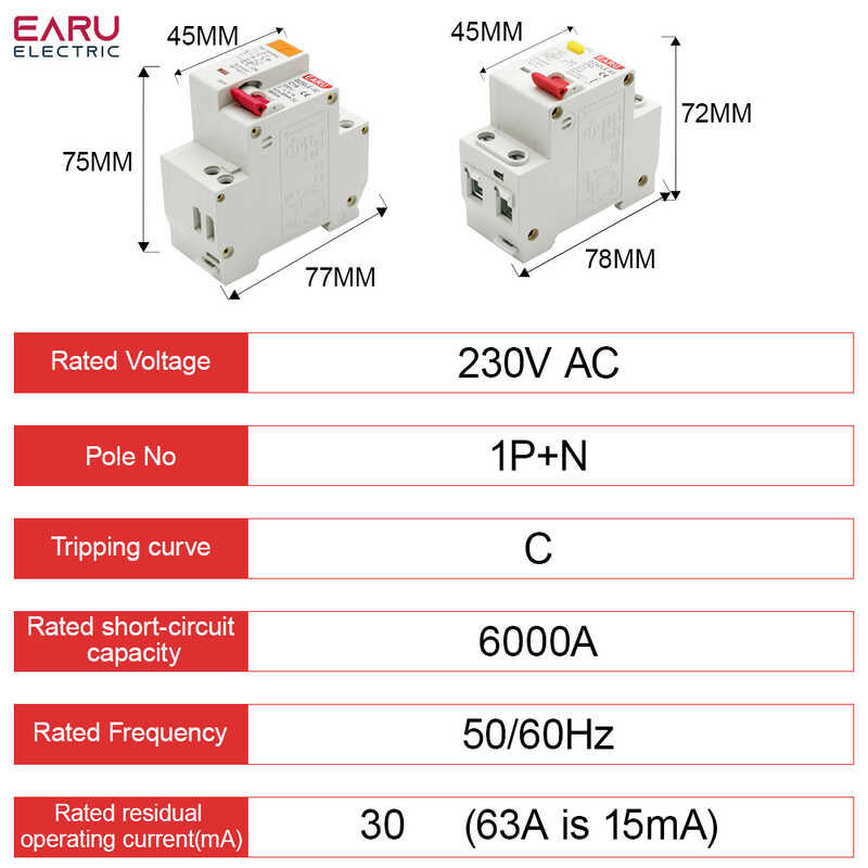 ภาพใหญ่: 230V 1P + N DPNL การป้องกันการรั่วไหล RCBO MCB 6-63A Dz30le Dz47le EPNL