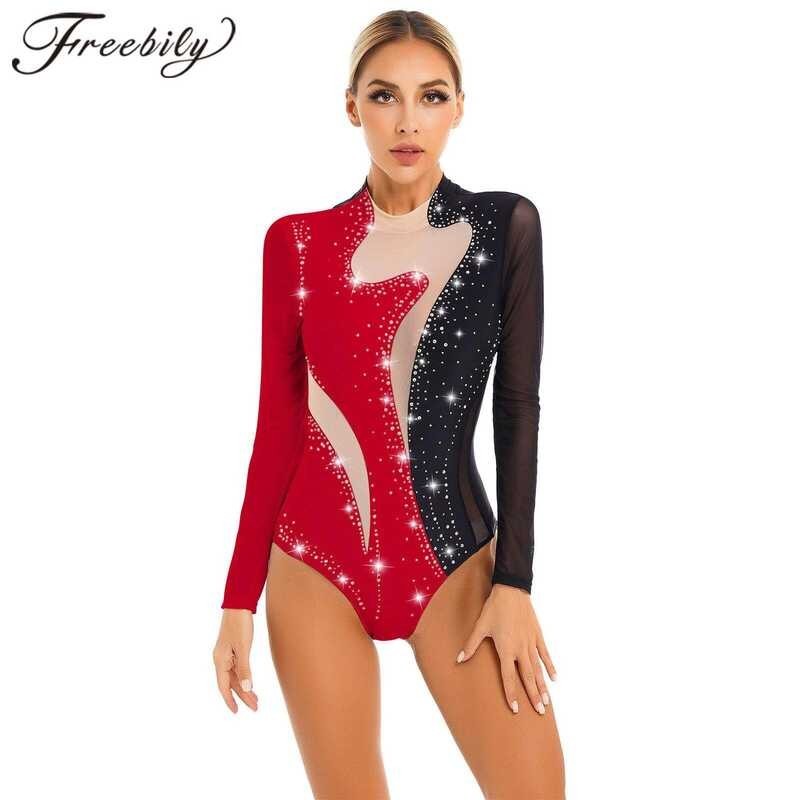 Womens Rhinestone Sheer Mesh Long Sleeve Ballet Dance Bodysuit Patchwork Gymnastics Leotard Acrobat