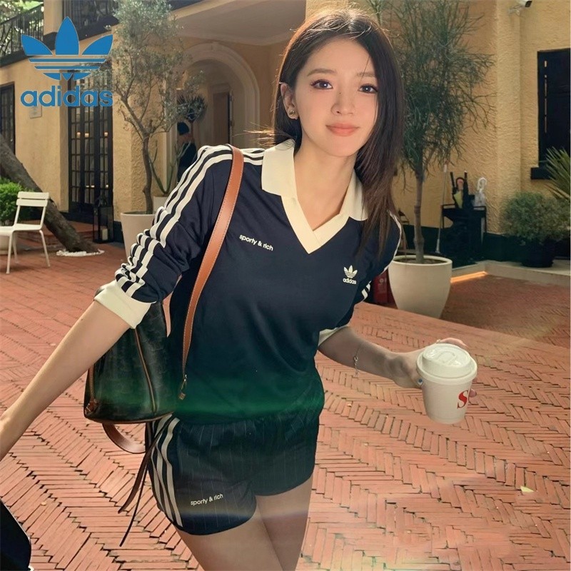 Adidas X Sporty Rich เสื้อยืดคอปก แขนยาว ผ้าฝ้าย 100% สีตัดกัน สําหรับผู้ชาย และผู้หญิง