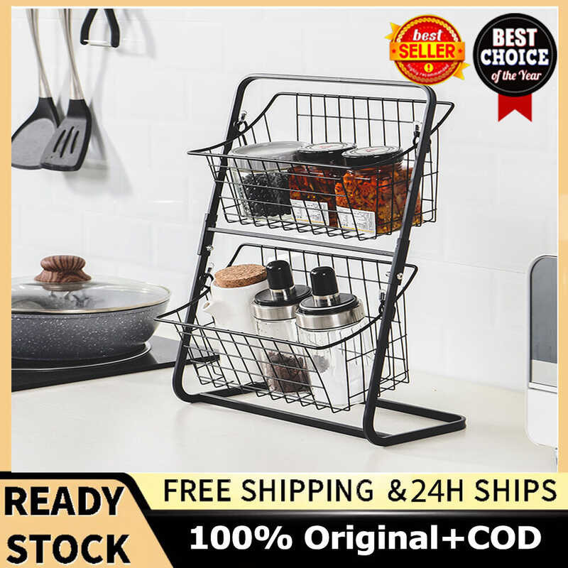Stock+Hot Sale】Iron 【Ready Shelf Rack for Kitchen Seasoning Organizer Fruits Holder Double Layer
