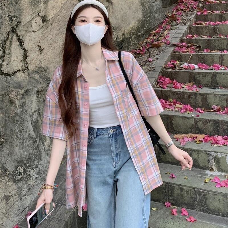 ญี่ปุ่นย้อนยุคสีชมพูลายสก๊อตเสื้อแขนสั้นผู้หญิงหลวมสีคมชัด