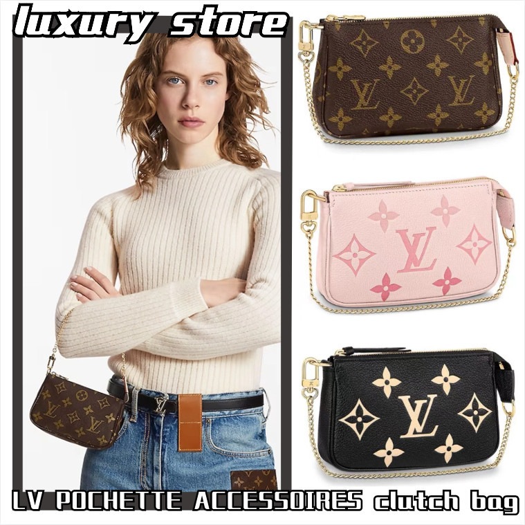 ♞,♘หลุยส์วิตตอง LV Louis Vuitton MINI POCHETTE ACCESSOIRES กระเป๋าผู้หญิงคลาสสิก/กระเป๋าคลัทช์/กระเ
