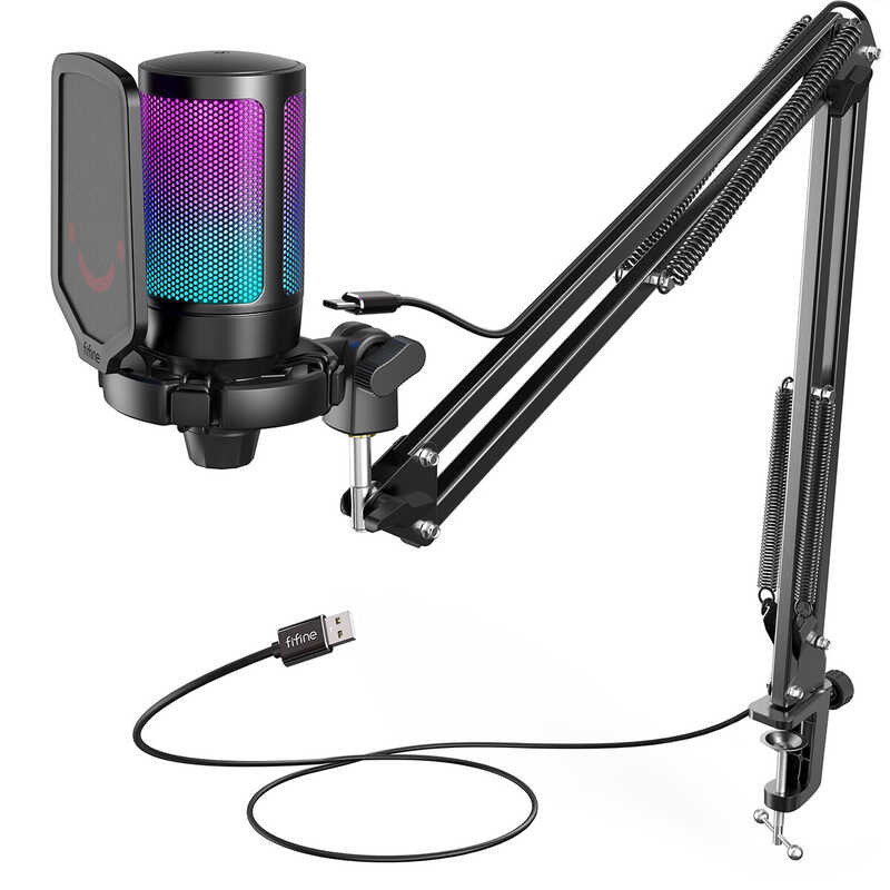 A6T FIFINE Ampligame USB Kit PC, PS4, PS5, Condenser Mic Set with Mute Button, Boom Arm Stand, RGB,