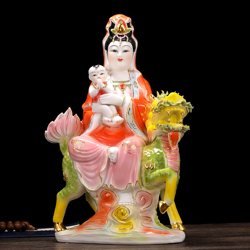 Ceramic Avalokitesvara Buddha Statue, Qilin Sending Child Avalokitesvara Buddha Statue Decoration Crafts Sending Child
