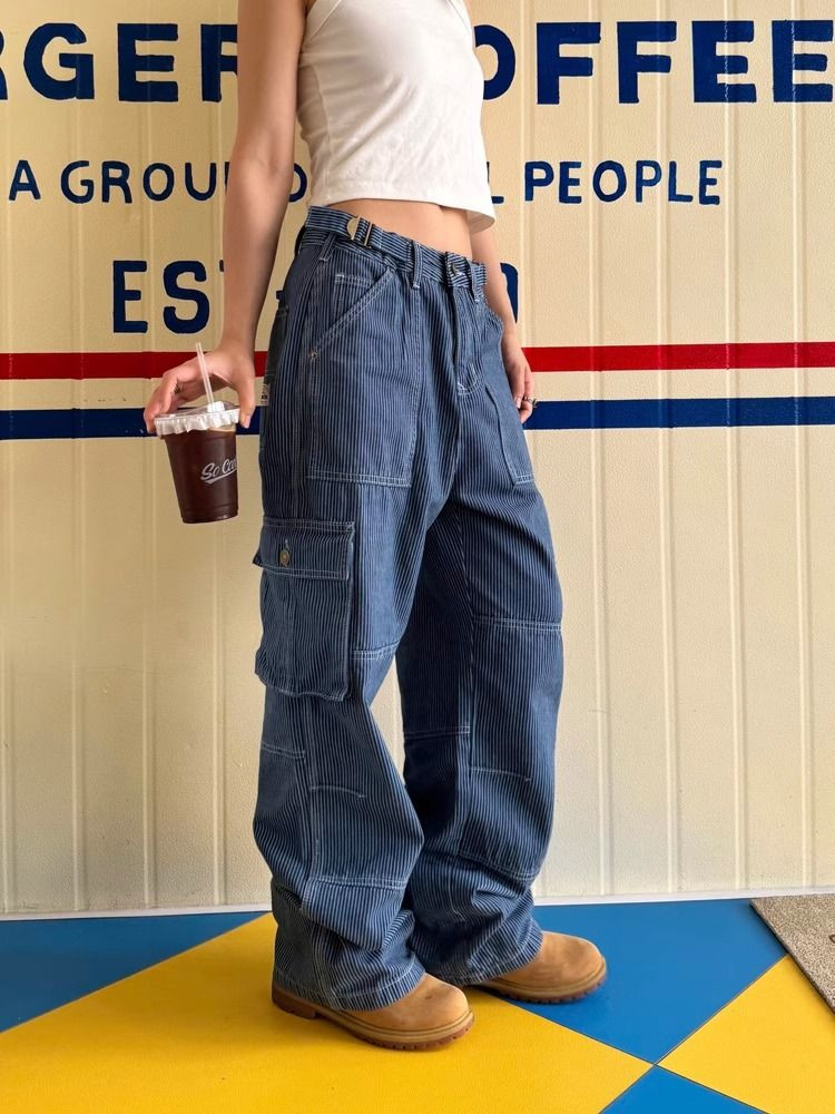 Shanmieleng อเมริกัน High Street Retro ลาย Overalls กางเกงยีนส ์ ผู ้ หญิงฤดูร ้ อน Street Multi-pocket เอวสูงตรงหลวมกางเกงขากว ้ าง