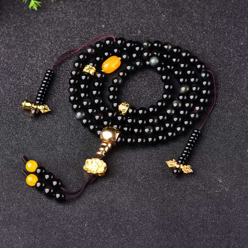 Δ Handmade ทิเบต Obsidian พุทธทิเบต 108 Mala Buddhist Prayer Rosary ลูกปัด