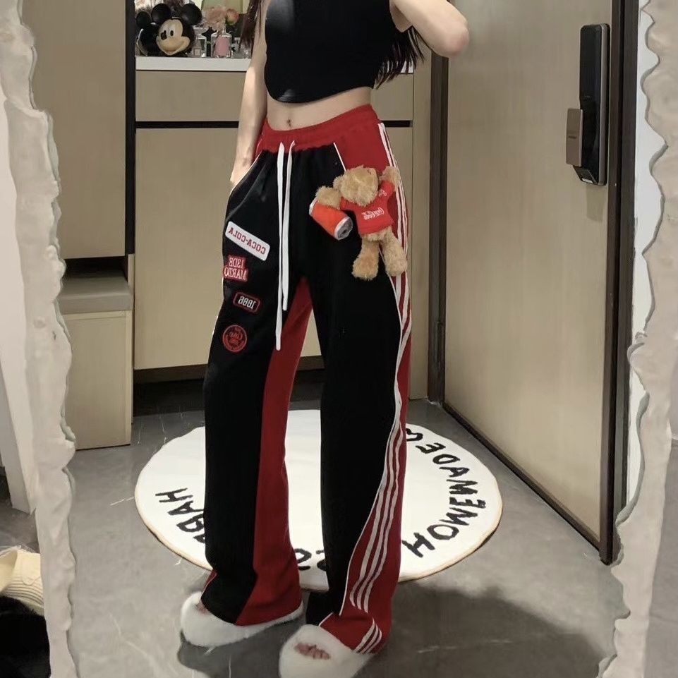 13de MARZO สามมิติ Cola Bear ชุดลําลองกางเกงขากว ้ าง Contrast สีเย ็ บการออกแบบรู ้ สึกหล ่ อชั ้