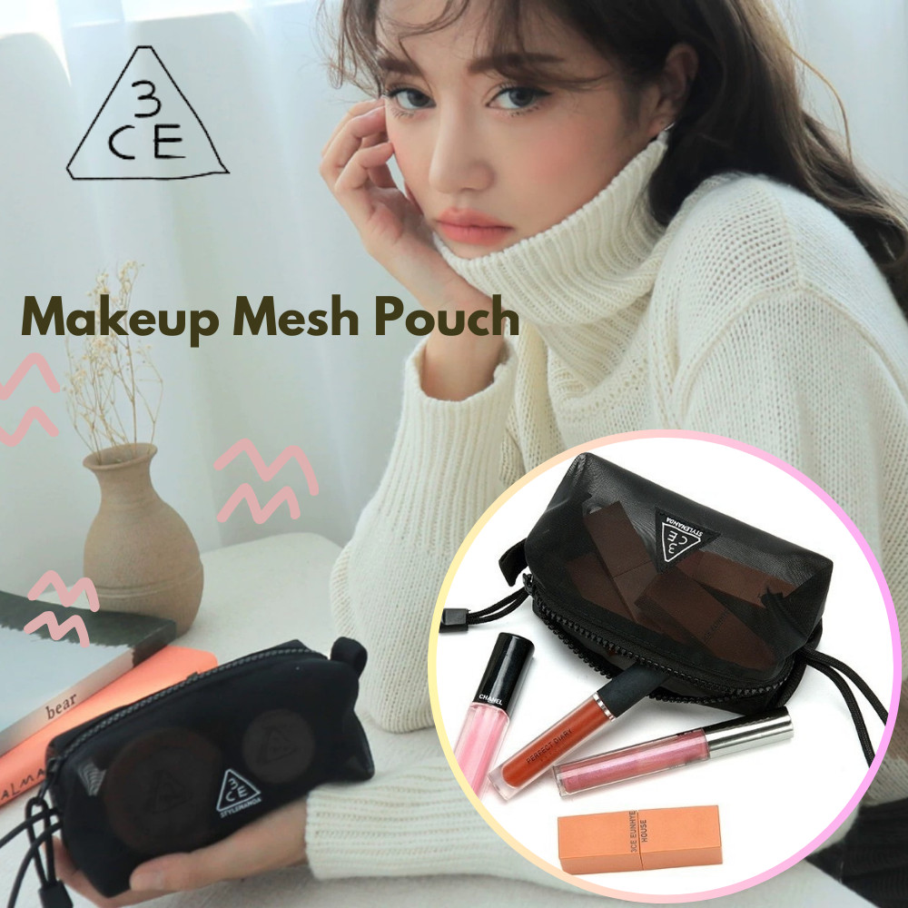 3CE ตาข่าย Mini Pocket แต่งหน้าเหรียญ Key ลิปสติกหูฟังกระเป๋า Beg แต่งหน้า Kecil โปร่งใส 化包 小包