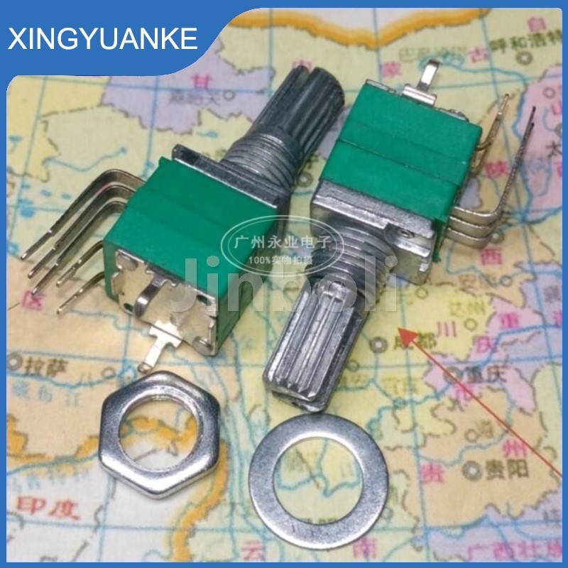 2pcs RK097 เดี่ยวแนวตั้ง Bent เท้า 5Pins สวิทช์ B10K B50K B103 B503 ปริมาณปิดผนึก Potentiometer เพลาความยาว 15 มม.