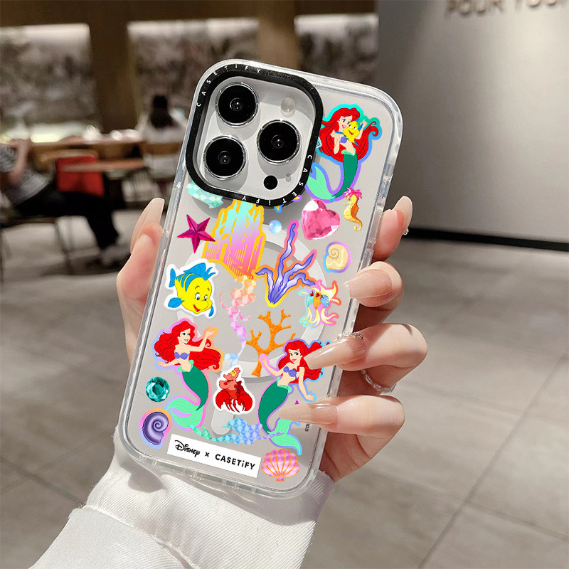 Disney Mermaid Sticker ไร้สายชาร์จแม่เหล็กสําหรับ IPhone 16 Pro Max Cover 16 PLUS ซิลิโคนนุ่มกันชนใสกันกระแทกปลอก