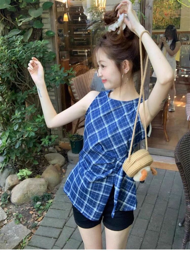 Retro คอกลมลายสก๊อตสีฟ้าเสื้อกั๊กแยกผู้หญิงฤดูร้อน Niche Design Feel All-Match Slimmer ดูจีบด้านบน - รูปที่ 3