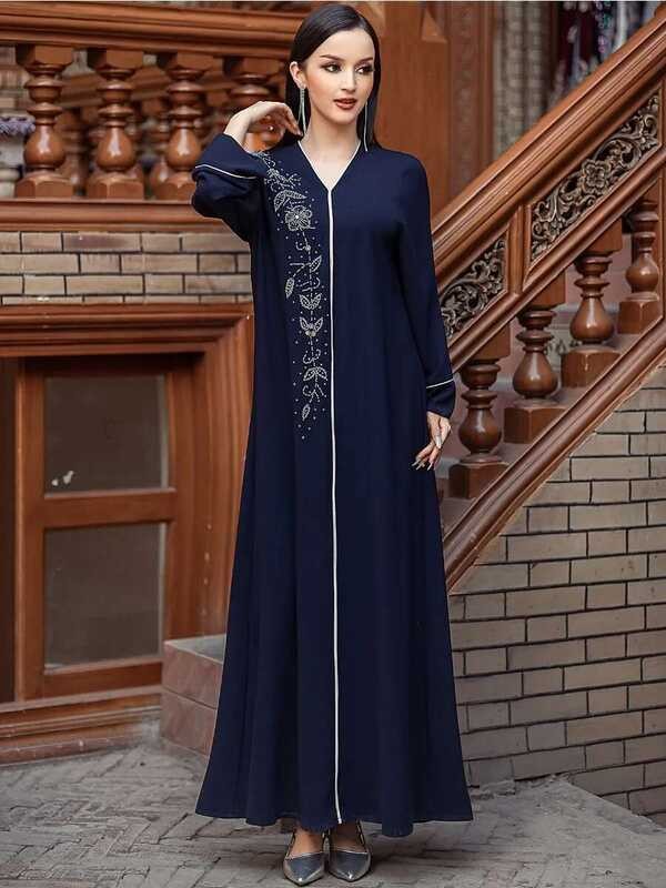 ▥ ชุดมุสลิมสําหรับผู้หญิง Abaya Party Dresses Eid V คอเพชร Elegt Jalabiya อาหรับ Vestidos ยาว Rob