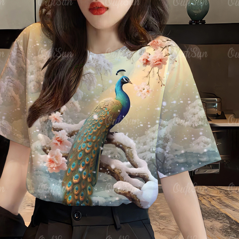 เสื้อยืดผู้หญิงลายนกยูง 2568 พิมพ์ลายแขนสั้นลําลอง โอเวอร์ไซส์ 49