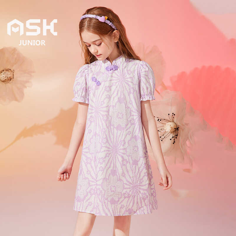 ❤ ASK JUNIOR Girls 4-15 Years Old Fashion Printed Casual Cotton Vintage Cheongsam Dress
