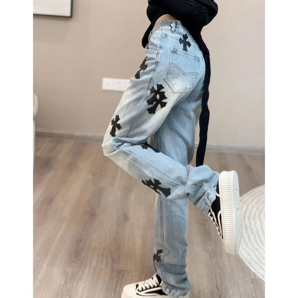 Chrome Hearts กางเกงยีนส์ High Street Chrome Hearts สไตล์ยุโรปและอเมริกาสําหรับผู้หญิงฤดูร้อน Hiphop Street ตรง