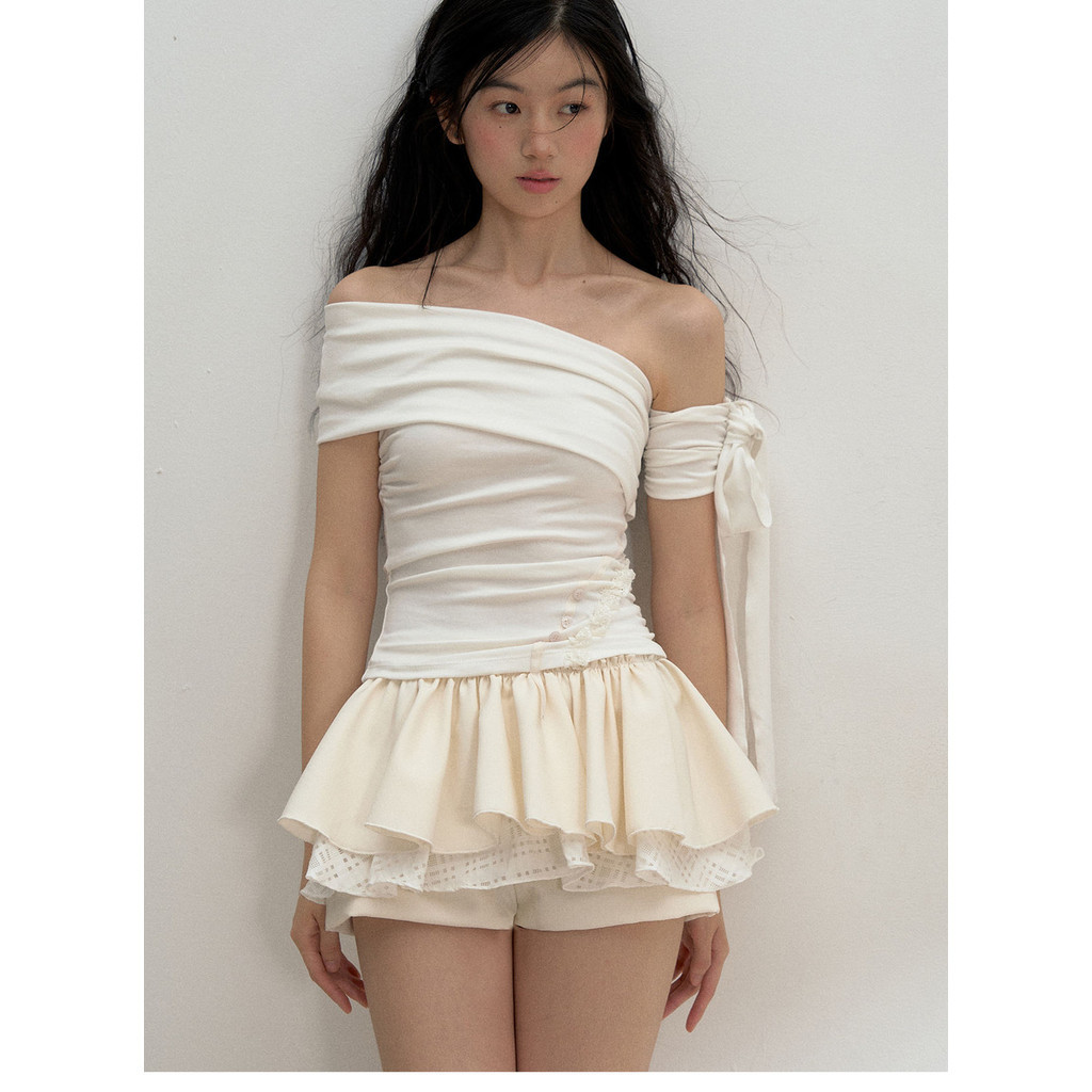 Shoulder Streamer Design Lyocell Shoulder T-Shirt Top