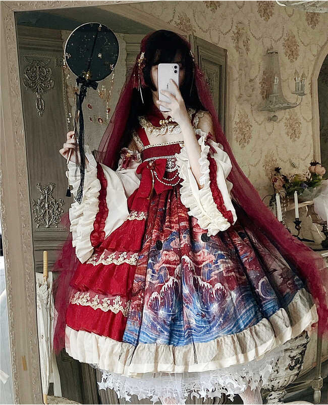 ❤ ชุดเดรส JSK สายเดี่ยวแขนยาวคอปกปลอมมีออริจินอลโลลิ