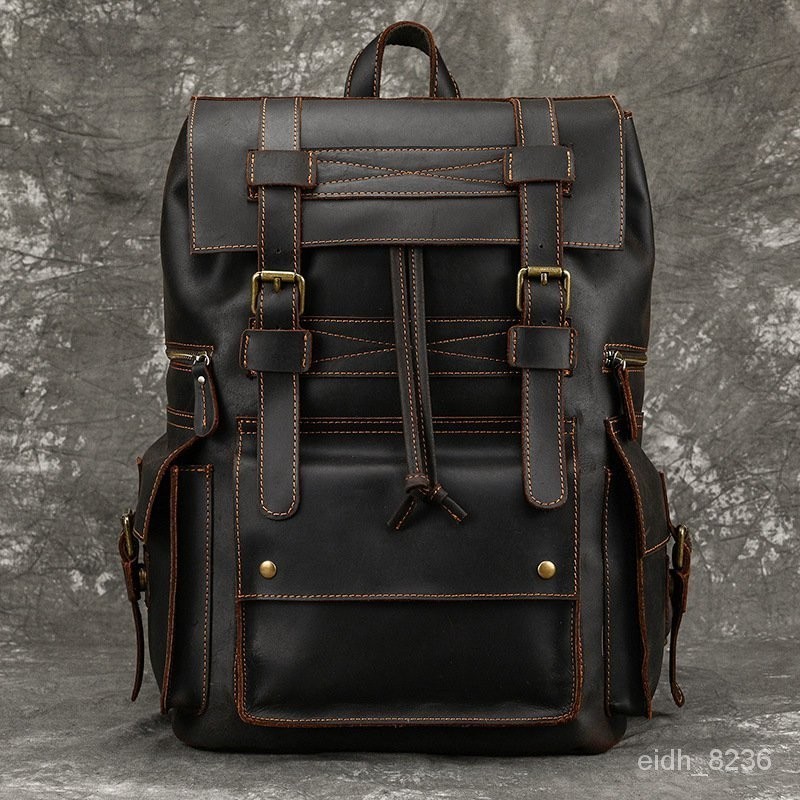 At- และ Men 's Vintage Backpack Crazy Horse Leather Student Schoolbag Large Capacity Leather Travel