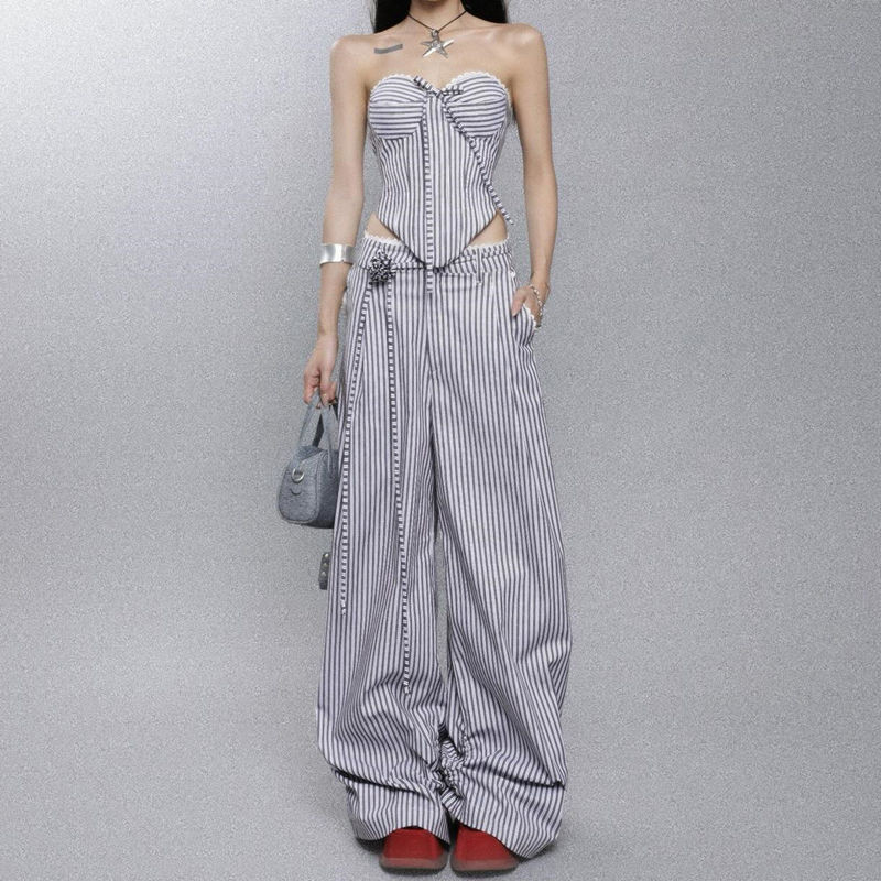Shanmieleng American Street สาวร้อน Retro ลาย Laced-Up Tube Top เสื้อกั๊กดอกไม้ตกแต่ง Overalls กางเกงลําลองชุดผู้หญิงฤดูร้อน