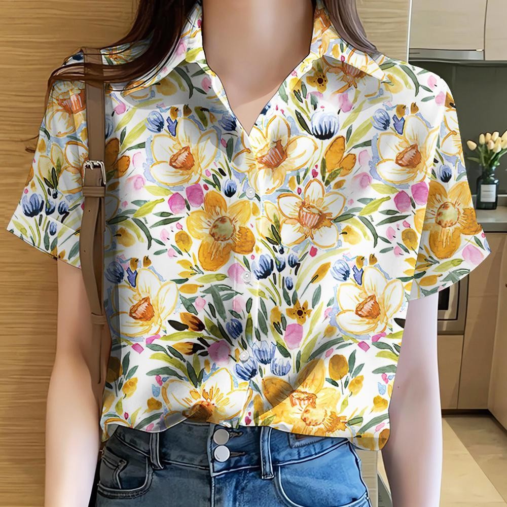 เสื้อฮาวายลําลองแขนสั้นลายดอกรุ้ง ขนาดใหญ่สําหรับผู้หญิง 38