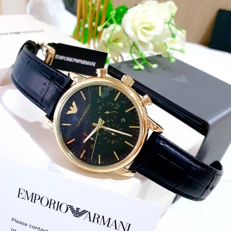♞(ผ่อน0%) นาฬิกาชาย Emporio Armani Men's Chronograph Black Leather Watch AR1917 หน้าปัดกลม สีดำ ขนา