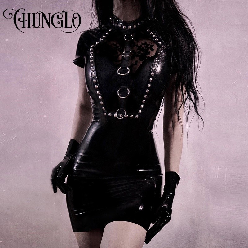 CHUNGLO Punk Grunge PU Black Summer Dress For Women Gothic Clothes Patchwork Mini Dress Streetwear