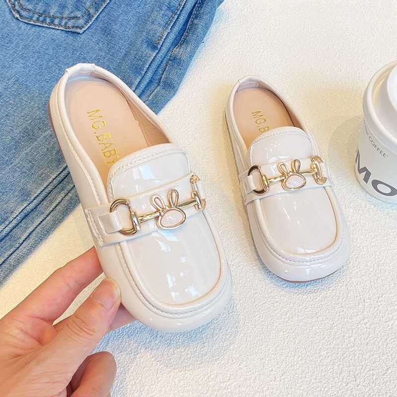 ♎ Fashion Glossy Leather Lazy Slippers For Girls Rabbit Buckle Anti-Collision Anti-Slippery Soft