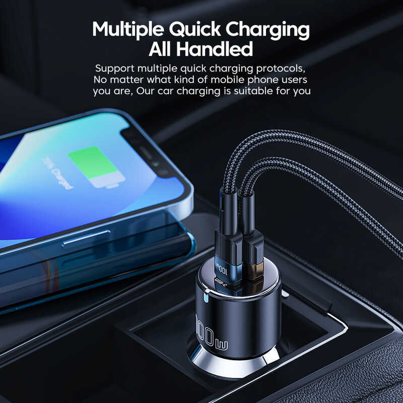 ❤ Essager 66W/100W Car Charger Fast Charging Intelligent Shunt Socket Dual Type C Car Charger Fas