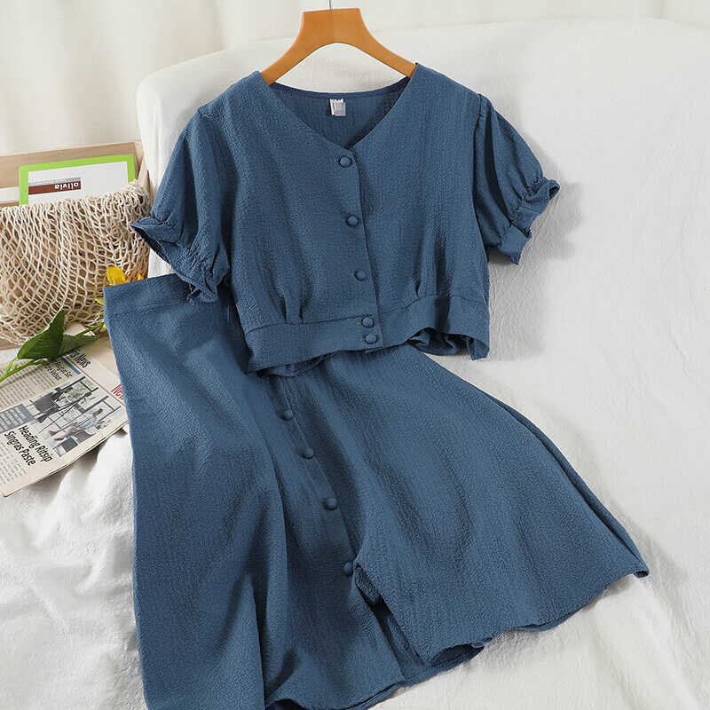 Two Vintage Green/Yellow/Beige Piece Set Women Casual V-Neck Short Sleeve Tops And High Waist Skirt