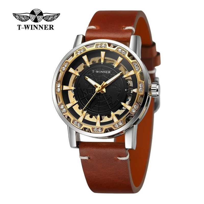 skull T-WINNER watch glowing leather strap with mechanical manual winding for men's clock. gift