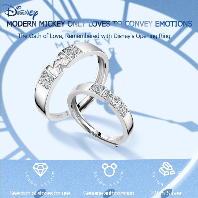 Disney ของแท้อย่างเป็นทางการ Mickey Series เครื่องประดับเงิน S925 แหวนเงินคู่แหวนเงินสเตอร์ลิงแฟชั่