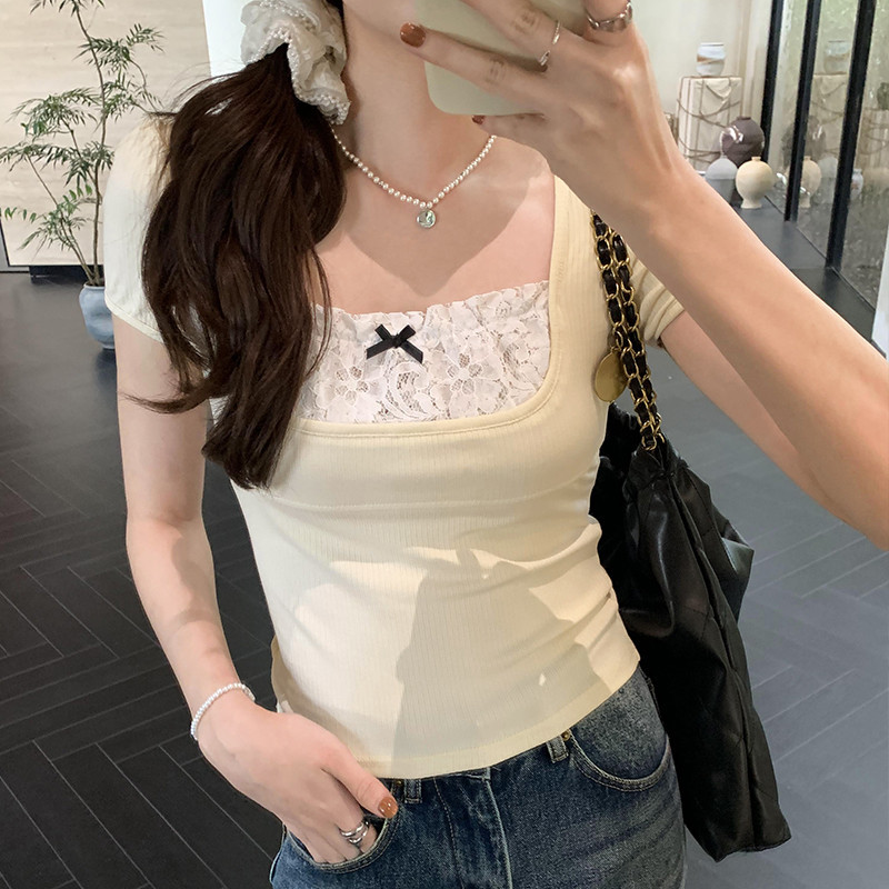 75518 ลูกไม้เย็บปลอมสองชิ้นหวานโบว์แขนสั้นเสื้อยืดผู้หญิง