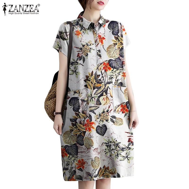 Zanzea ชุดเดรสสําหรับสตรีผ้าฝ้ายแขนสั้นทรงหลวมขนาดเล็ก