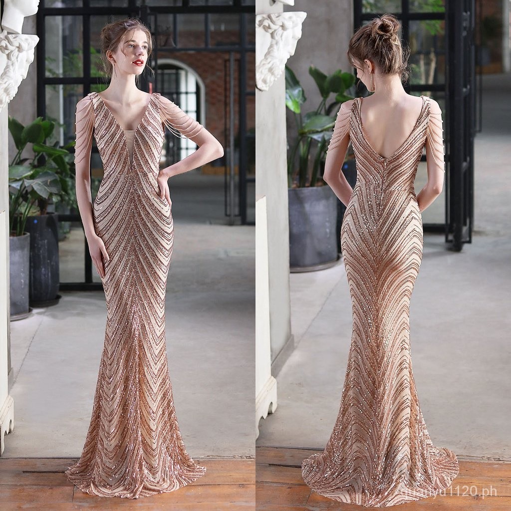 New product Women V Neck Sequin Long Dress Sleeveless Evening Prom Formal Mermaid Gowns L1BT